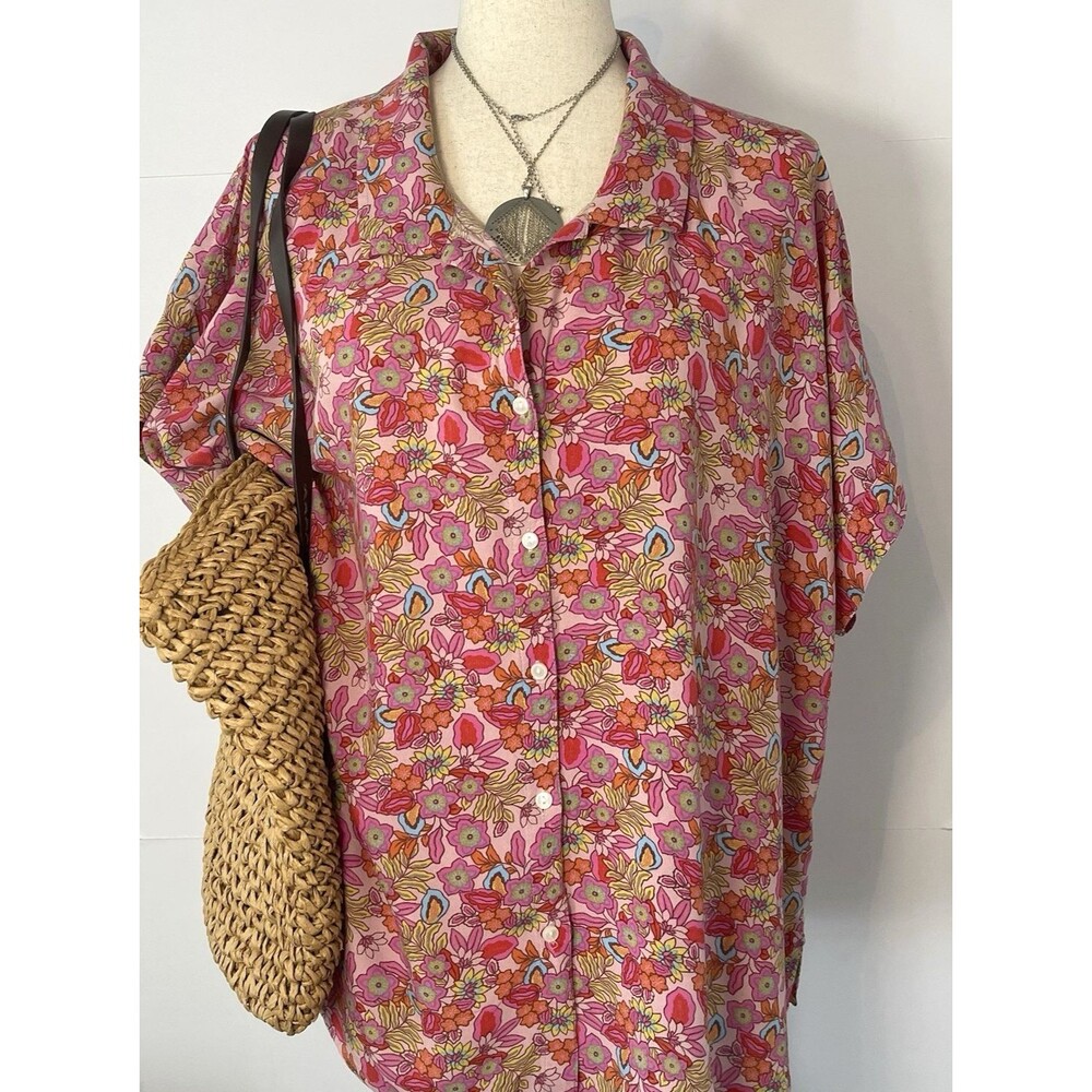 Lucky Brand womens top sz 1X floral button up short sleeve #cottage #travel